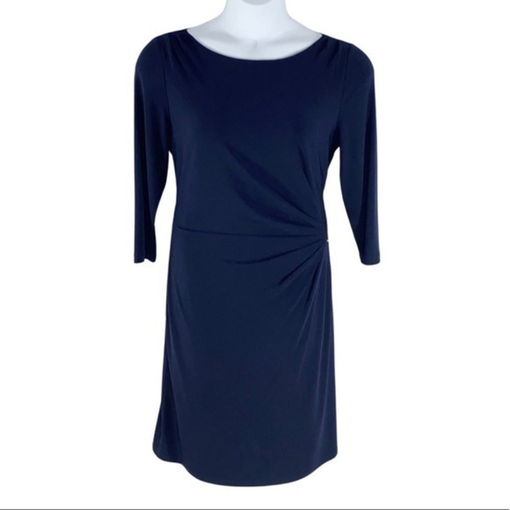 Tahari navy jersey faux wrap dress